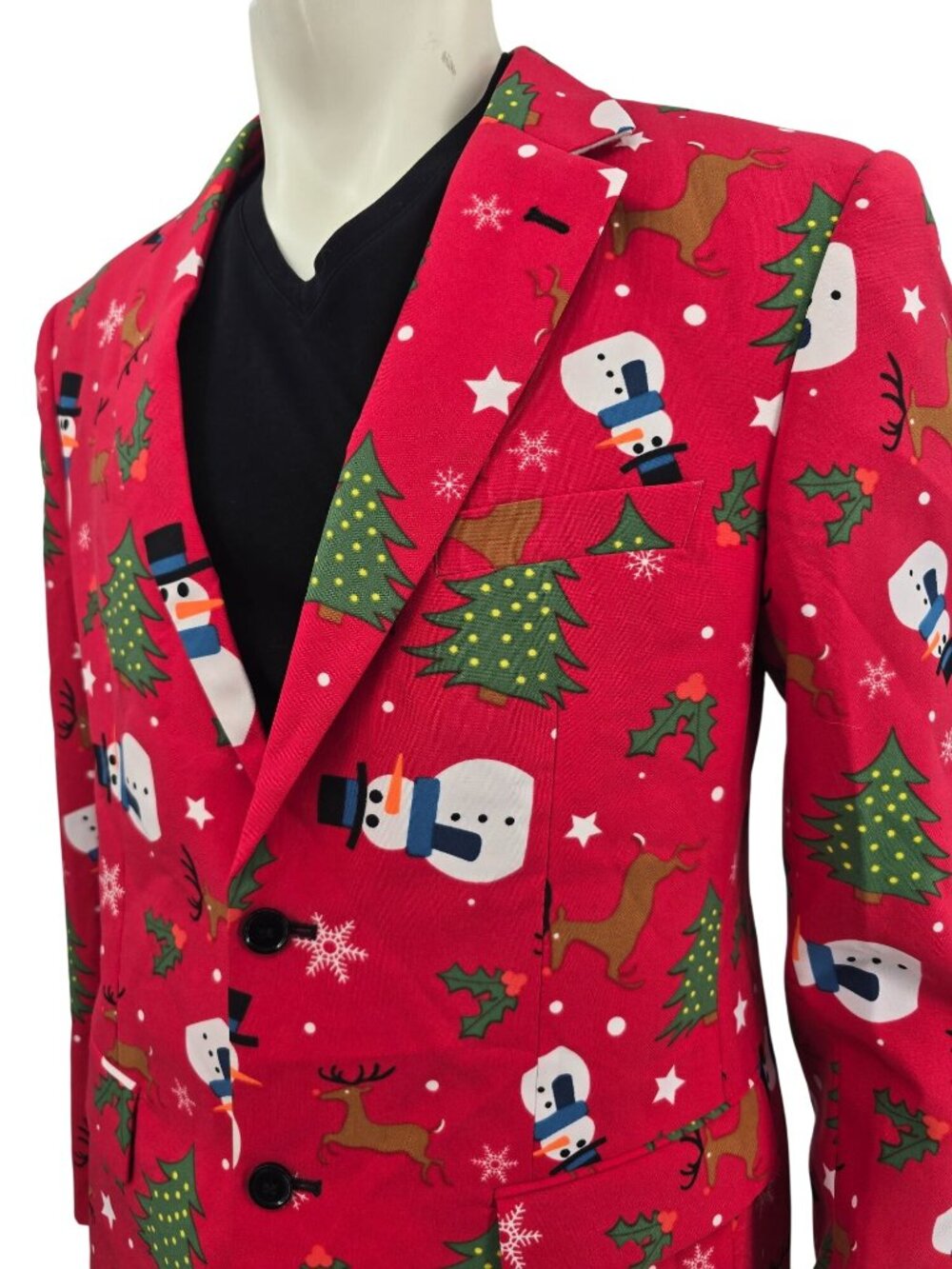 OppoSuits Christmas Suit - Red With Snowman Reindeer & Tree Print - Size 42 US - Picture 1 of 13